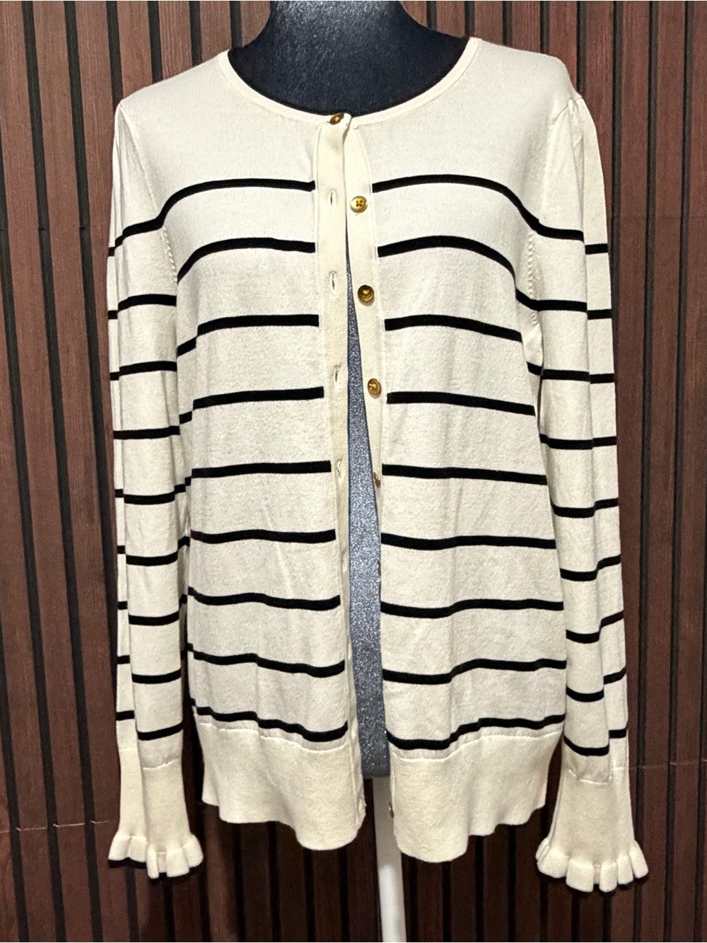 Talbots Striped Ruffle Sleeve Cardigan Cream Black Gold Buttons Size L